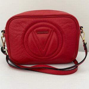 Valentino Red Leather V Logo Crossbody Camera Bag Made in Italy